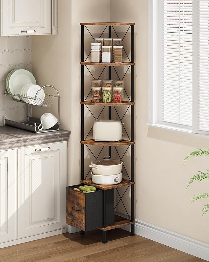 CHOEZON Corner Shelf with Drawer, Narrow Corner Bookshelf, Standing Bookcase, Storage Shelf with Anti-tip, Industrial Display Shelf for Small Spaces, Rustic Brown and Black TCJ76BF