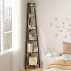 Hoctieon Corner Shelf, 6-Tier Corner Bookshelf, Rustic Ladder Shelf, Industrial Display Stand for Living Room, Kitchen, Home Office, Balcony, Small Space, Metal Frame, Rustic Brown