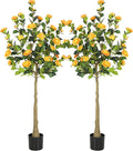 Bellacat 5ft Artificial Camellia Tree with Silk Orange Flowers, 60in Faux Camellia Plant with Lifelike Trunk, Fake Flower Tree Potted Front Door Plants for Porch Patio Deck Living Room Decor, 2Pack