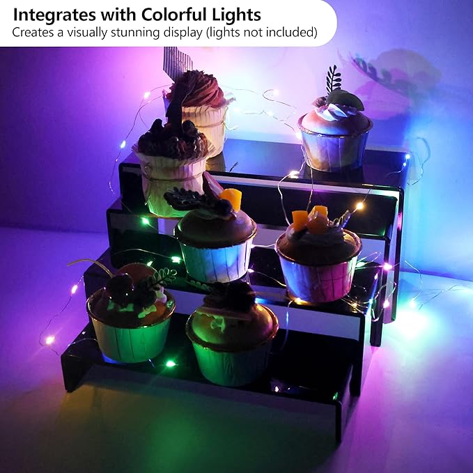 ELEGANTLIFE Acrylic Display Risers Set of 4, 4-Level Tiered Display Stands for Cupcakes, Small Figures & Jewelry, Compact Countertop Display Shelf, Multiple Colors Available (Black)