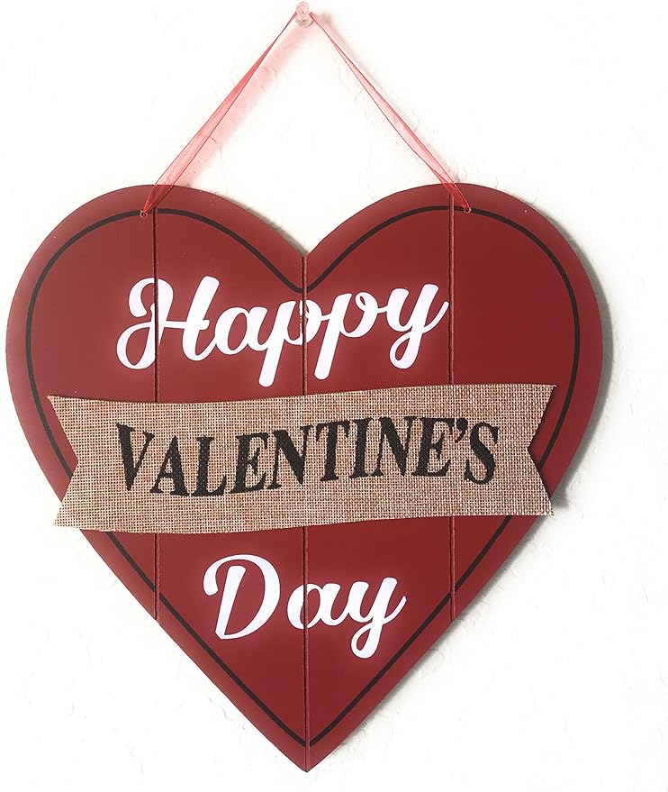 Happy Valentine's Day Heart Wooden Wall Decoration, Heart-shaped Red Wood & Burlap Decor, Valentine's Hanging sign Door Decor, Love Plaque Valentine's Day Door Decor, 11.5 x 11.5 in (Original Version)
