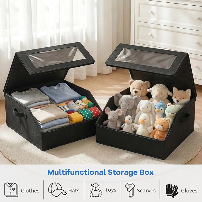 Hat Storage for Baseball Caps, Holds up to 24 Caps, Stackable Hat Organizer for Closet, Dustproof Hat Box with Clear Window, Hollow Board Support & 2 Handles, Flip-Top Access (Black)