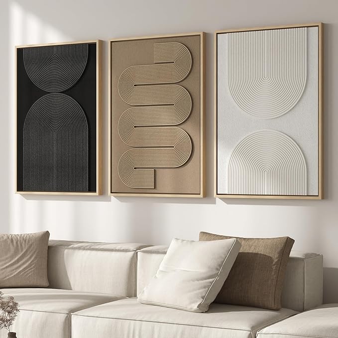 Large 3D Textured Framed Boho Modern Neutral Abstract Wall Art for Living Room, 3 Piece Black White Brown Paintings Artwork for Walls, Geometric Pictures for Office Bedroom Dining Room Decor, 24x36 In