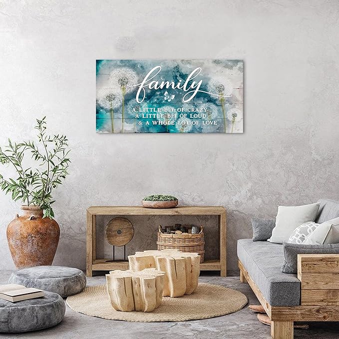 Family Wall Decor Teal Kitchen Wall Art Farmhouse Inspirational Quotes Canvas Prints A Little Bit of Crazy Loud Love Large Dandelion Family Signs for Home Decor Wall Living Dining Room Bedroom 20x40"