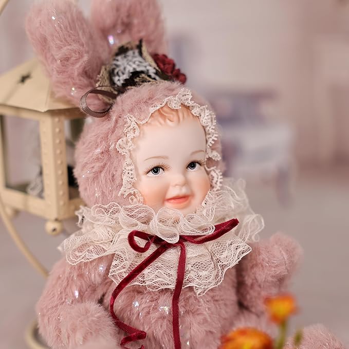 8 Inch Rabbit Hand-Painted Porcelain Face Doll with Plush ＆ Acrylic Cotton Body, Mini Kawaii High-Color Makeup Ceramic Doll for Room Decor, Birthday Gifts, Collectible，Name Jade