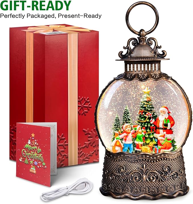 Christmas Snow Globes Lantern with Music, Santa Claus Scene Snow Globes with Swirling Glitter Effects, USB/Battery Powered with 6-Hour Timer, Christmas Decorations