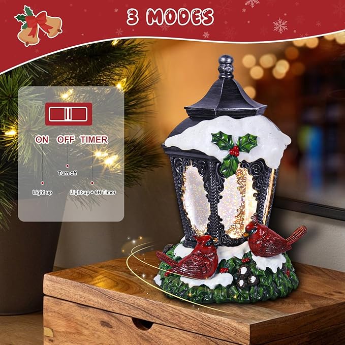 Christmas Snow Globe Lantern Cardinals Water Glittering Globe with 6H Timer Function Christmas Snow Globes 3 AA Battery Operated for Christmas Festival Decorations Gifts (Cardinals)