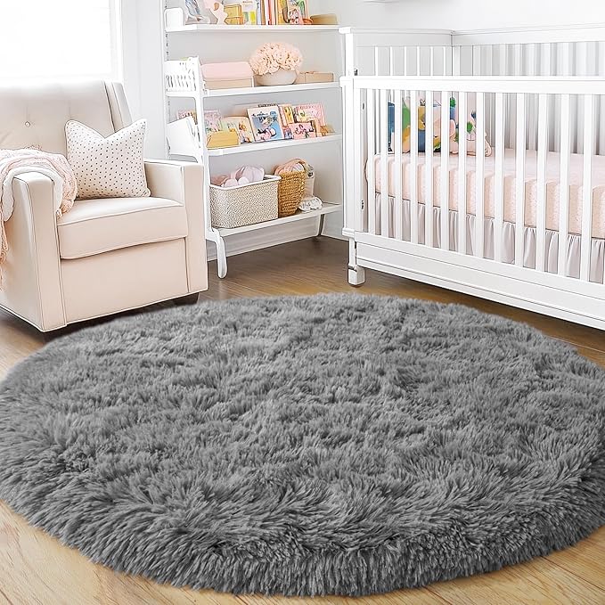 6‘x6’ Grey Round Rug for Bedroom, Ultra Soft Fluffy Circle Rug for Kids Girls Boys Room, Cute Shag Rugs for Living Room Playroom Teen Room Home Decor Rug