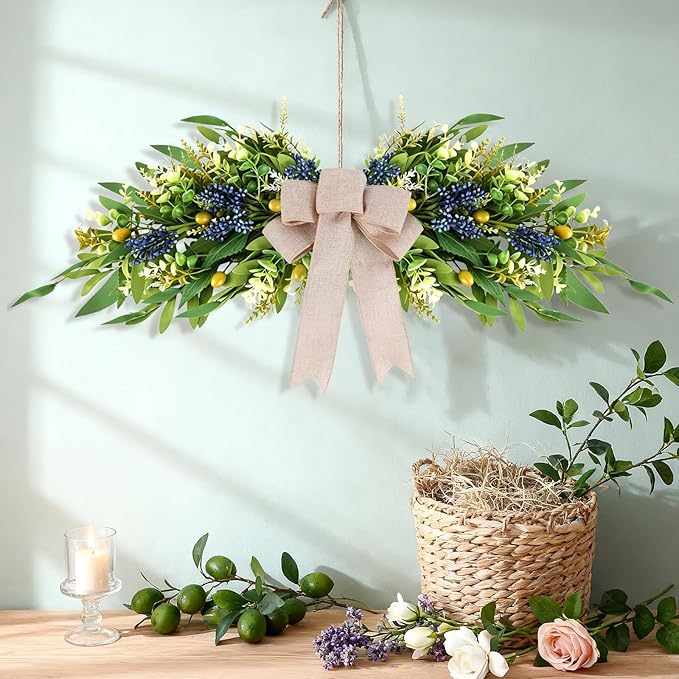Floral Swag for Front Door Greenery Teardrop Swag Artificial Eucalyptus Olive Leaves Mixed Berry Swag with Bow Summer Wreath for Farmhouse Wedding Arch Party Wall Home Indoor Outdoor Holiday Decor