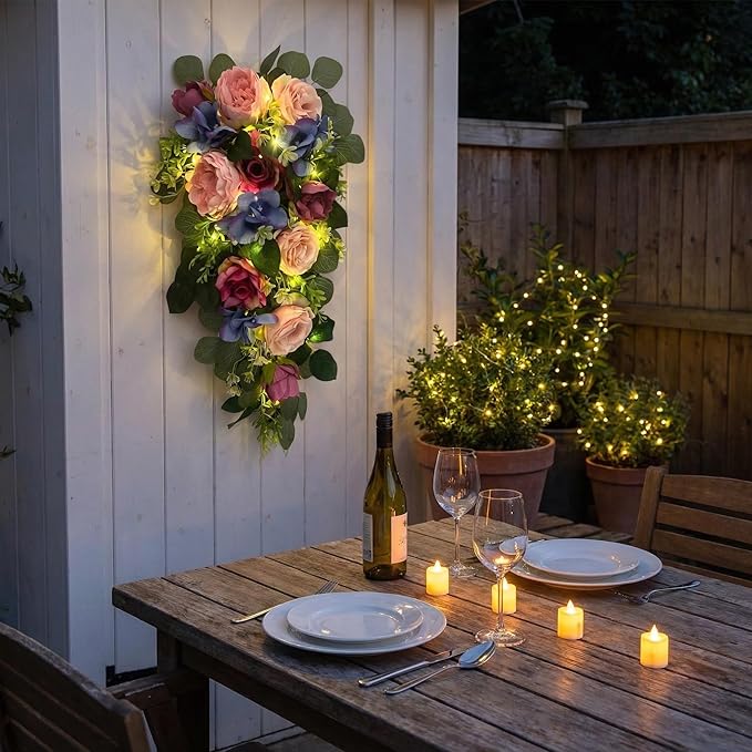 Svndlyn 24 Inch Pre-lit Peony & Rose Floral Swag for Front Door - Teardrop Spring Wreath with Timer, 20 LED Lights, Pink & Purple Vertical Wall Decor for Front Door,Wedding (Battery Operated)