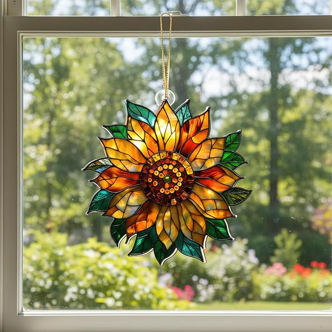 2025 Christmas Ornaments, Christmas Tree Ornaments Acrylic, Faux Stained Glass Effect White Elephant Gifts Exchange, Unique Suncatcher Xmas Stocking Stuffers for Women, Men (Sunflower)