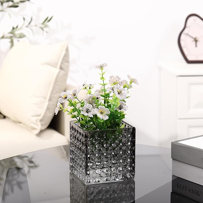Square Vases Set of 6, 5" x 5" x 5" Square Glass Vases for Flowers, Black Flower Vase for Centerpieces, Small Bubble Vase for Wedding, Party, Home, Office, Parties, Events