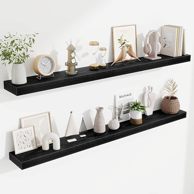 Fun Memories 55 Inch Floating Shelves Bedroom, Large Extra Floating Shelf Set of 2 with Invisible Brackets, Black