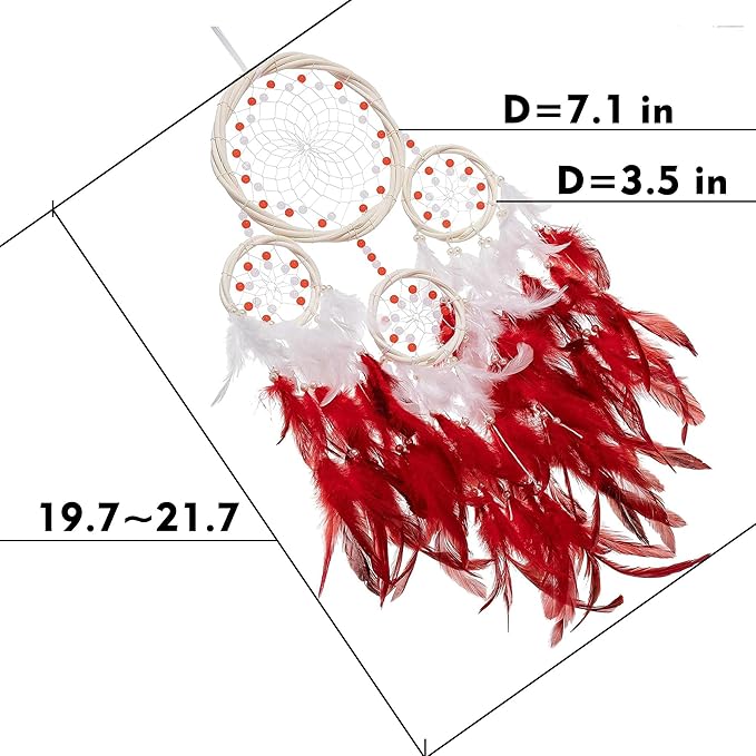 Large Rattan Dream Catchers - Deep Red Rooster Feather with Luxury Pearl, Multiring, Handmade Dreamcatcher for Bedroom, Dream Catcher for Girls, Dream Catchers for Boys, Dream Catcher Wall Decor