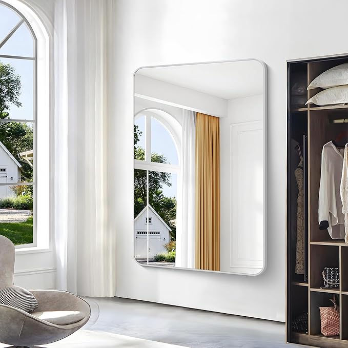 BONEWEI Silver Bathroom Mirror,60x40 inch Wall Mirror for Bathroom Wall Mounted,Rectangle Mirror for Bathroom Over Sink,Modern Frame Round Corner for Living Room,Bedroom Entryway,Horizontal/Vertical
