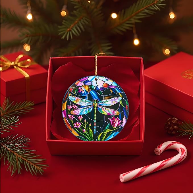 Dragonfly Christmas Ornaments Round Stained Glass Effect Acrylic Dragonfly Ornament for Tree Hanging, Christmas Theme Gift Set for Gifts Lovers, Ornament Wall Art, Thanksgiving Gift