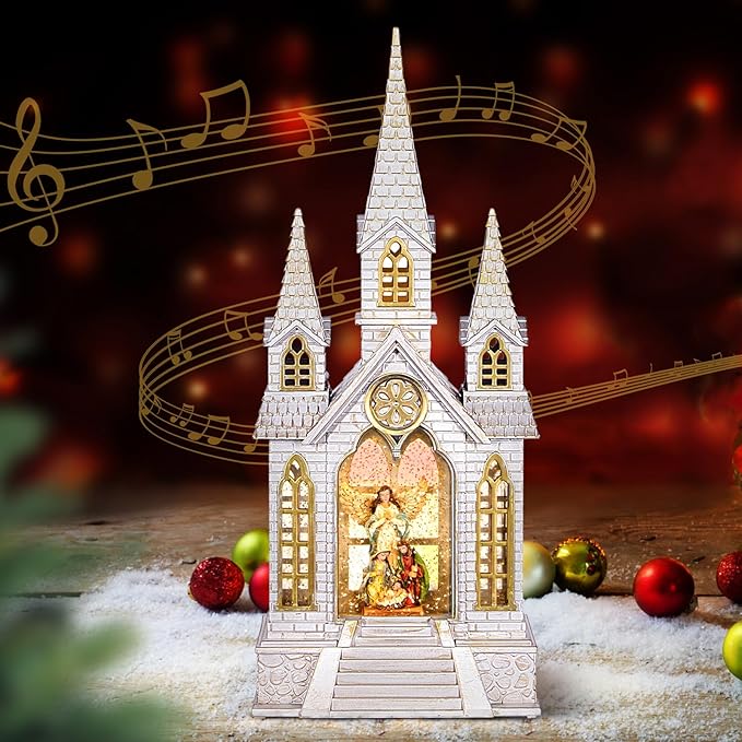 Church Snow Globe Lighted,Christmas Snow Lantern,Angel Holy Family Nativity Christmas Eve Glitter Snow Globe with Musical,Christian Decorations Indoor,Two Power Modes of Church Snow Globes