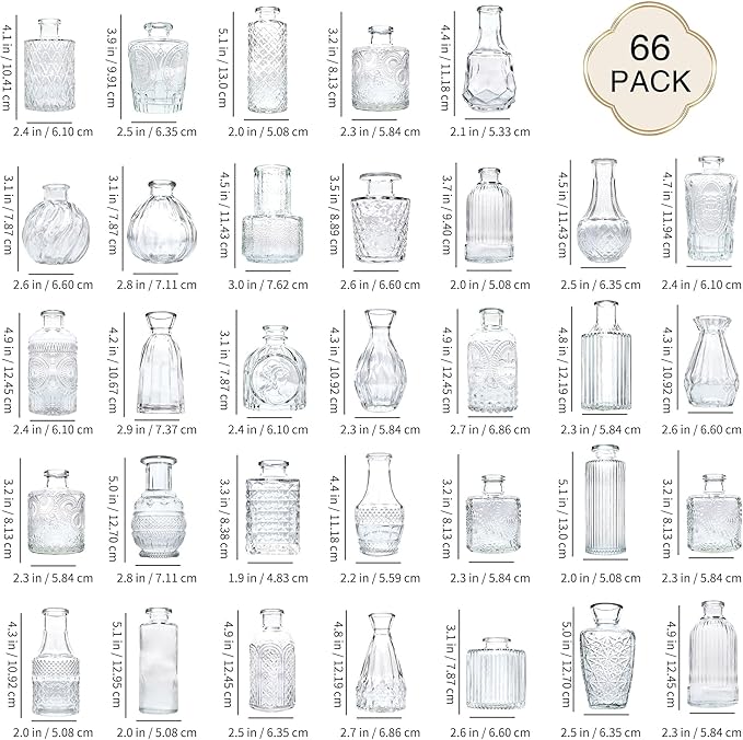 Glass Bud Vase Set of 66 Pcs, Vintage Clear Small Glass Vases for Flowers, Bud Vases in Bulk, Mini Vase for Centerpieces, Wedding, Home Decor and Events