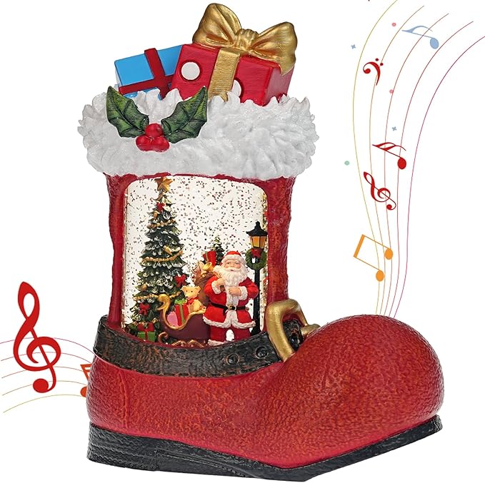Christmas Snow Globe with Santa Claus Gifts - Lighted Musical Snow Globe Christmas Decorations with Timer, Swirling Glitter, Battery/USB Powered, Holiday Decor(Santa Claus Boots)
