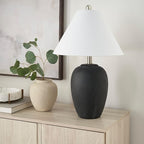 Nourison Home 23" Black Vintage Distressed Ceramic Pot Table Lamp for Bedroom, Living Room, End Table, with White Conical Empire Shade