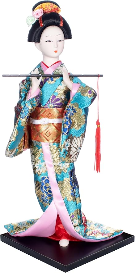ALAMIYA Home Decoration Asian Japanese Geisha Kimono Doll Collectible Figurine Gift with Paper Fan