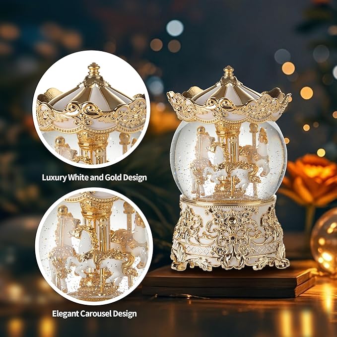 Carousel Musical Snow Globe Princess Unicorn Music Box for Girls Women Baby Kids Sister Daughter Mom Granddaughter Grandma Christmas Birthday Presents Gifts (Gold)