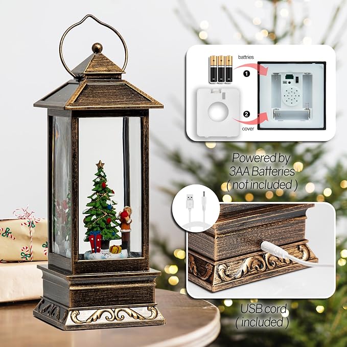 12" Christmas Snow Globe Lantern with Christmas Tree and Gift - Water Swirling Glitter LED Light Lantern with Music - Vintage Xmas Gifts - USB Plug or Battery Operated Home Decor (Christmas tree Gift)