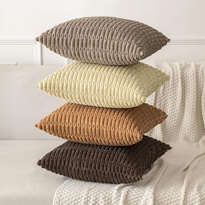 MIULEE Pack of 2 Corduroy Decorative Throw Pillow Covers 18x18 Inch Soft Boho Striped Pillow Covers Modern Farmhouse Home Decor for Sofa Living Room Couch Bed Brown