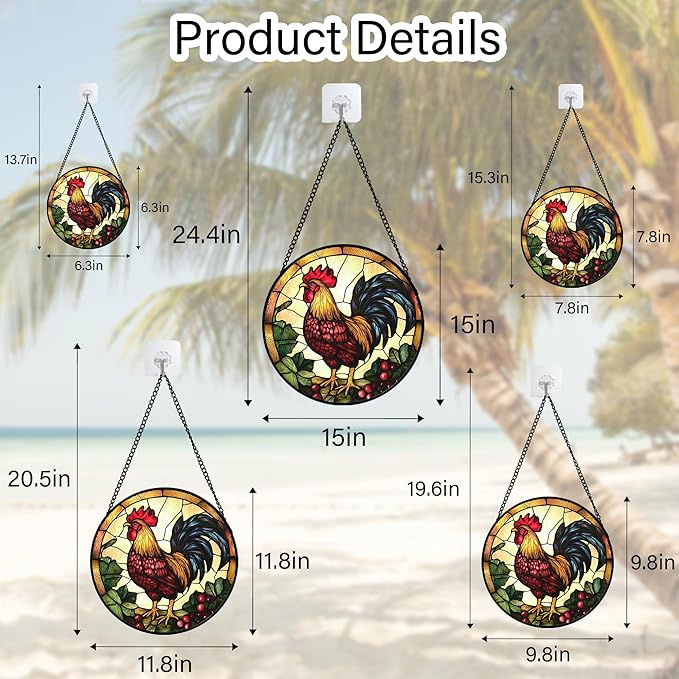 Stained Glass Window Hanging, Colorful Big Cock Sun Catcher for Window Door Home Decor, Chicken Suncatcher Christmas Mother's Day Birthday Gifts for Women Men Mom and Nana 15 in