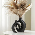 Snuggle Hollow Modern Ceramic Vase Set of 2, Mid Century Nordic Aesthetic Decorative Vase Decorative Vases for Home Table Decor (Matte Black W 6.3" X H 8.4")