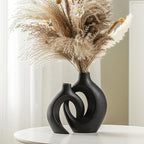 Snuggle Hollow Modern Ceramic Vase Set of 2, Mid Century Nordic Aesthetic Decorative Vase Decorative Vases for Home Table Decor (Matte Black W 6.3" X H 8.4")