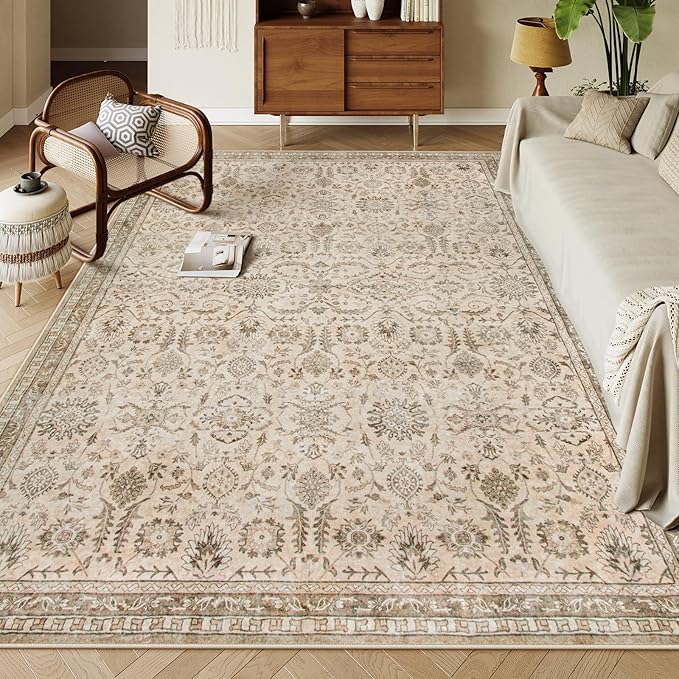 Lahome Boho Beige Fall Area Rug 8x10, Traditional Tan Floral Area Rugs for Bedroom, Machine Washable Living Room Mats, Soft Non-Slip Room Carpet for Office Apartment Nursery Decor, Soft Amber