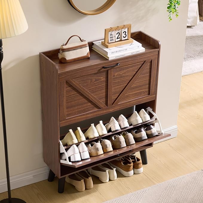 LEYAOYAO Shoe Storage Cabinet with 2 Flip Drawers，Narrow Shoe Storage Cabinet Organizer with Legs for Entryway Hallway, Living Room, Bedroom，Hidden Slim Storage Narrow Shoe Rack Cabinet,Walnut