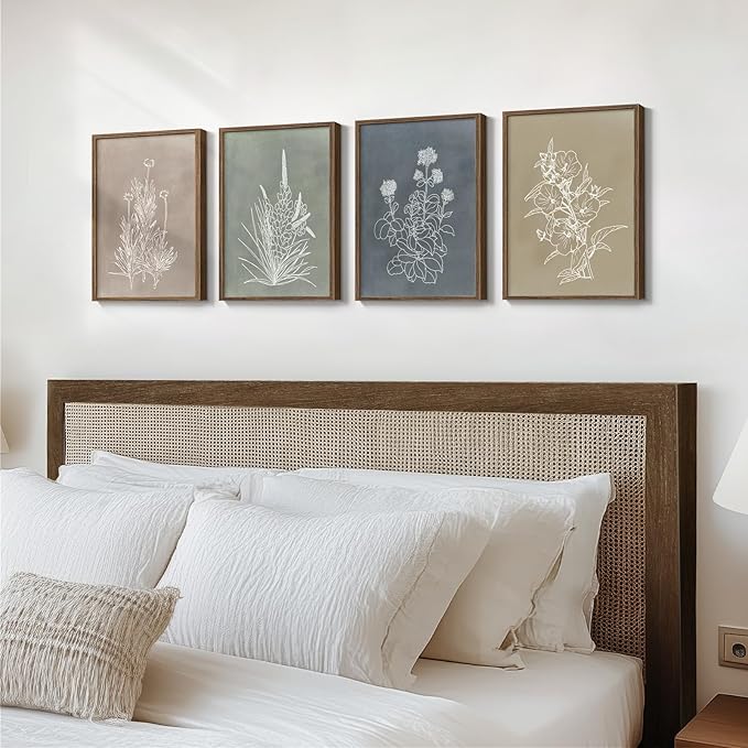 Framed Boho Botanical Wall Art for Living Room, 4 Piece Rustic Floral Canvas Painting Prints, Vintage Minimalist Neutral Flower Artwork for Modern Farmhouse Bedroom Dining Room Office Wall Decor