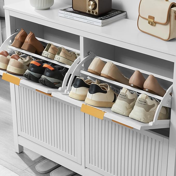 4 Flip Drawers Shoe Cabinet Storage for Entryway, Narrow Hidden Wood Shoes Organizer Cabinet Front Door Entrance Thin Free Standing Front Door Shoe Rack Storage for Entryway(White)