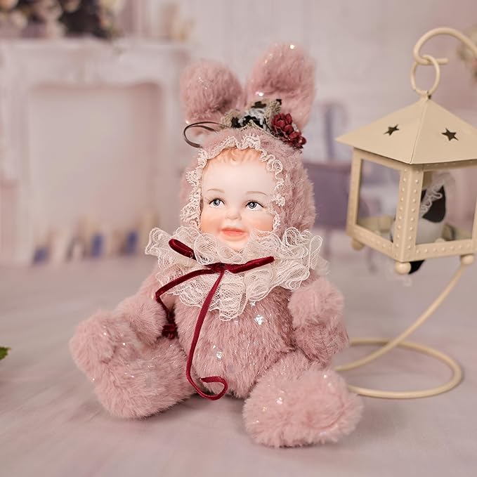 8 Inch Rabbit Hand-Painted Porcelain Face Doll with Plush ＆ Acrylic Cotton Body, Mini Kawaii High-Color Makeup Ceramic Doll for Room Decor, Birthday Gifts, Collectible，Name Jade