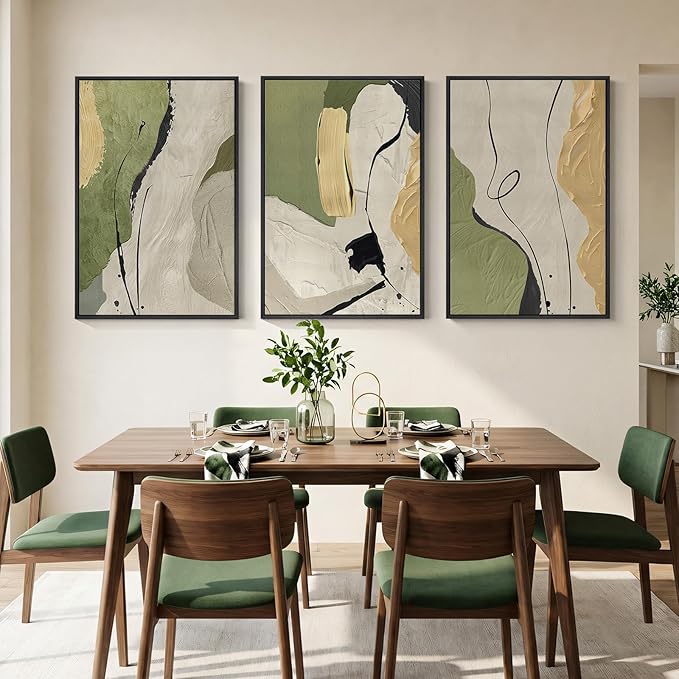 Large Framed Abstract Wall Art for Living Room, 3 Piece Modern Canvas Prints Paintings, Minimalist Green Beige Yellow Color Block Pictures for Hallway Dining Room Bedroom Office Wall Decor 24x36 In