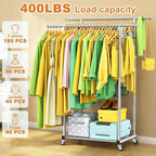 100% Stainless Steel Double Rods Clothes Rack, Heavy Duty Clothing Rack for Hanging Clothes with Sturdy Wheels & Shelves, Portable Rolling Garment Rack for Wardrobe Bedroom Laundry Living Room