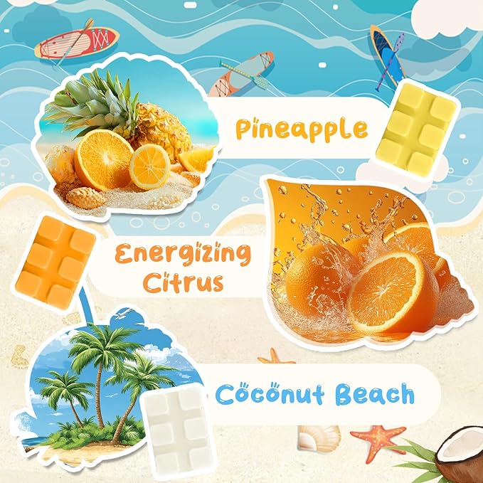 SCENTORINI Wax Melts, Scented Wax Cubes for Wax Warmers, Summer Scent, Coconut Beach, Pear Blossom, Cherry, Cucumber Melon, Pineapple, Energizing Citrus, 6 Pack