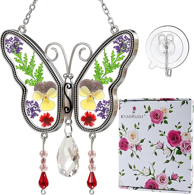 KY&BOSAM Butterfly Suncatchers Gifts for Mom Family Friends Stained Glass Suncatchers for Windows Hangings Wind Chimes Real Flower Colorful Crystal Outdoor for Garden Indoor Home Trees Party Decor
