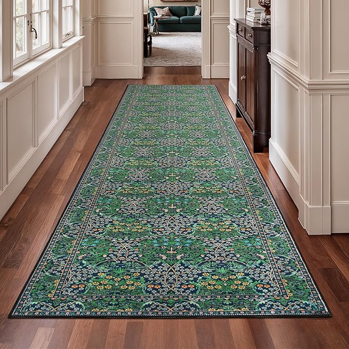 Lessymo Washable Hallway Runner Rug 2x10, Non Slip 8ft Long Floor Runner for Kitchen, Entryway Indoor, Stain Resistant Soft Boho Vintage Floral Botanical Carpet, Forest Green