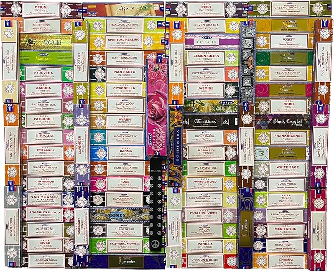 Satya Incense Sticks Variety Pack of 12 Randomly Selected Fragrances and Incense Stick Holder Bundle Total 180 Sticks