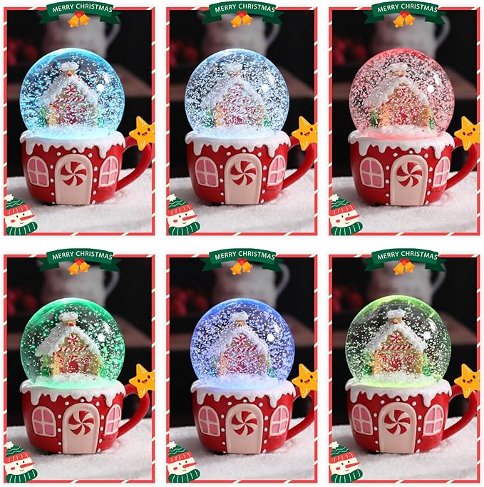Christmas Snow Globe Musical Gingerbread Men House Christmas Tree Water Snow Globes with 7 Colors Light Change Music Box Home Christmas Decor for Kids