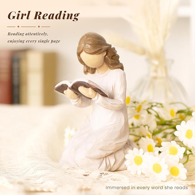 Reading Figurine for Book Lovers Resin Bookshelf Decor Gift for Women,Kneeling Reading