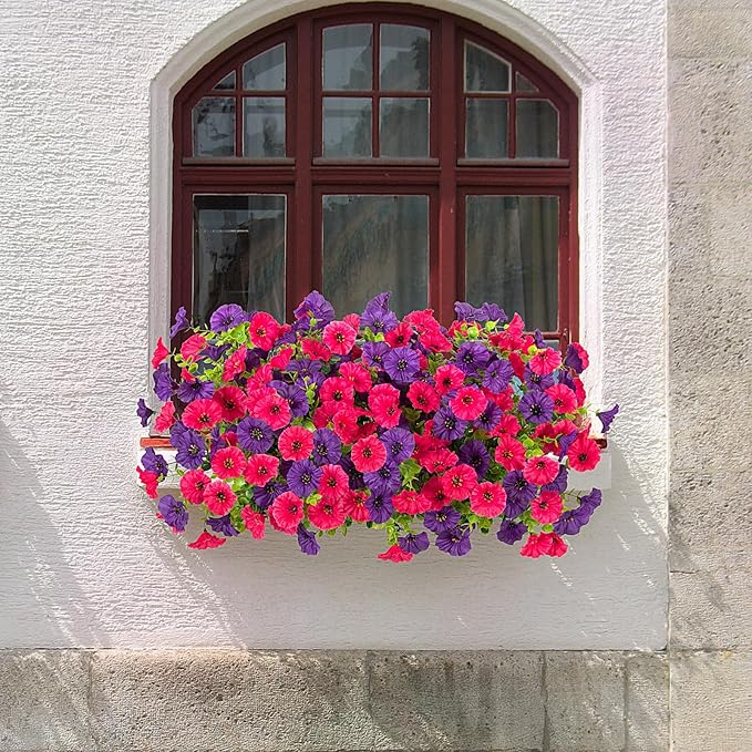 Artificial Flowers for Outdoors Decoration, 10 Bundles Fake Plastic Flower Plant, Faux Colorful Silk Morning Glory Petunias for Spring Summer Outside Garden Porch Front Door Decor, Hot Pink Purple