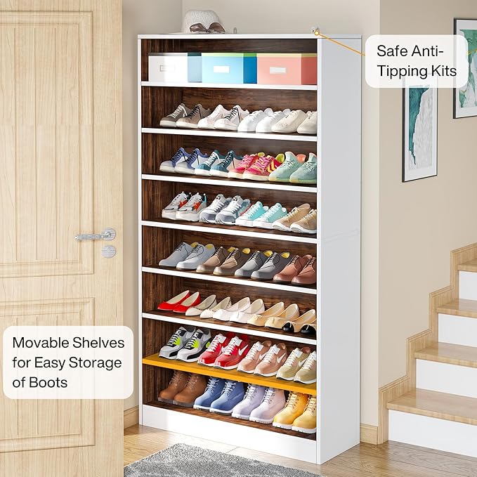 Tribesigns 2PCS Shoe Cabinet, 9 Tiers 40-45 Pairs Heavy Duty Wood Freestanding Shoe Storage Cabinet, 70.8'' Tall Shoe Cabinet with Open Storage for Entryway (White & Brown)