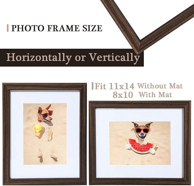11x14 Picture Frame Walnut Wooden, Display Pictures 8 x 10 with Mat or 11 x 14 Without Mat for Wall Mounting-Real Glass-11 by 14 Collage Frames-11 14 Photo Frames for Home Decor Gifts
