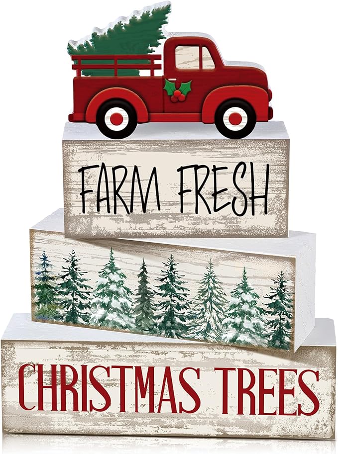 Lineshading 4 Pcs Christmas Decor Wooden Red Truck Winter Tiered Tray Decor Rustic Merry Christmas Table Centerpiece Wood Red Truck Block Sign Gift Farmhouse for Home Kitchen Tabletop Office Shelf