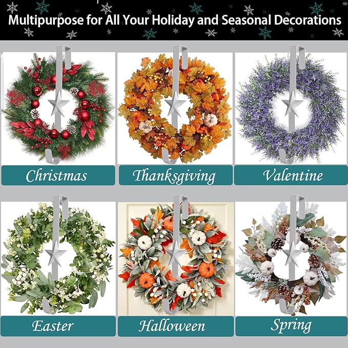 3 Pcs 15 Inch Wreath Hanger for Front Door Star Pattern Garland Hanger Over The Door Metal Door Wreath Decoration Hanger Hook for Various Festive Wreaths Hanging Towels Coats Etc (Silver)