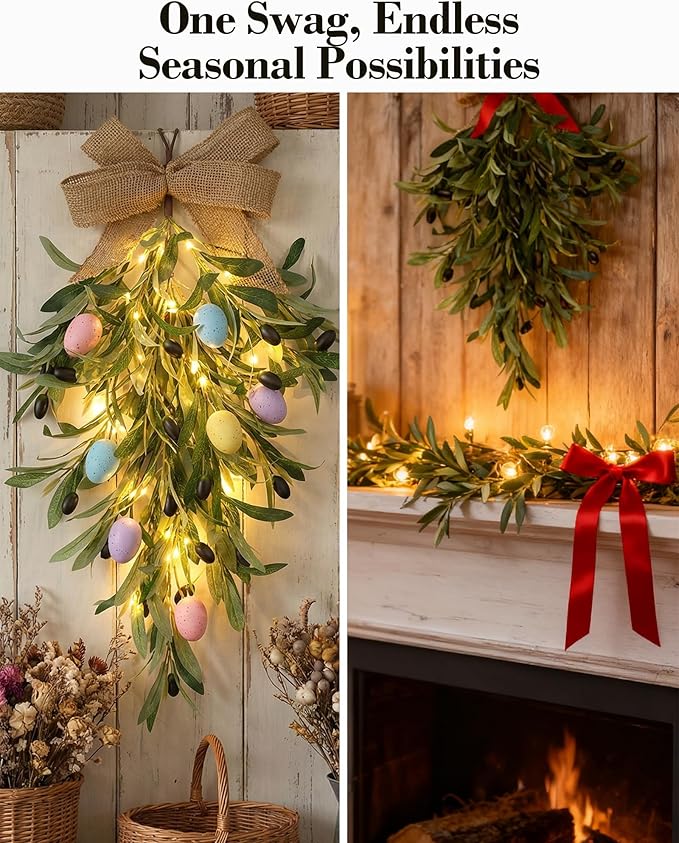 2 PCS Artificial Olive Teardrop Swag 23.6 Inch Large Faux Greenery Olive Branch Swag with UV Resistant Coating, Burlap Bow for Front Door Kitchen Cabinet Wall Lush Farmhouse All Seasons Decor